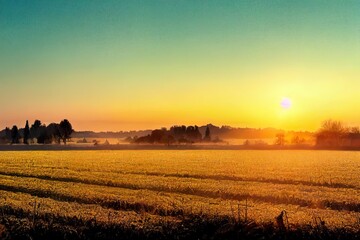 Field with winter wheat crops, leaves of germinating grain covered with morning frost. Sunrise early in the morning on the farm field.