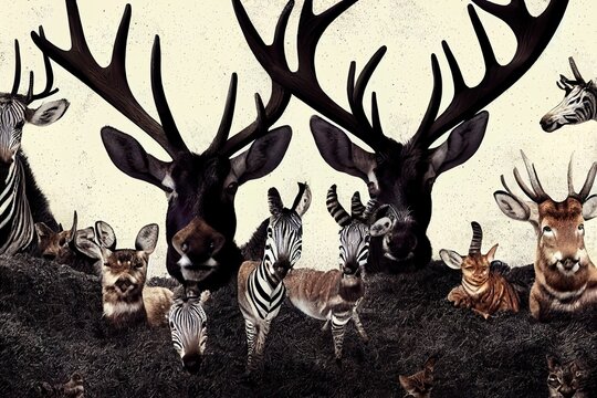 Animals in clothes. People with heads of animals. Concept graphic, photo manipulation for cover, advertising, prints on clothing and other. Zebra, deer, moose, cat, goat.