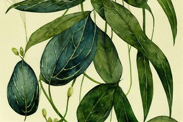 Long banner header design. Watercolor green botany. Hanging liana creepers. Hand painted leaves. Detailed realistic botanical illustration. Design for greeting cards and banners