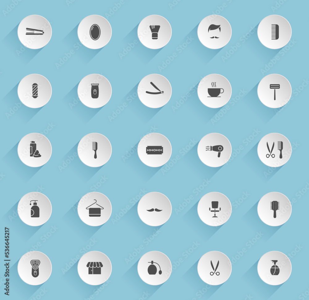 Poster barbershop vector icons on round puffy paper circles with transparent shadows on blue background. ba