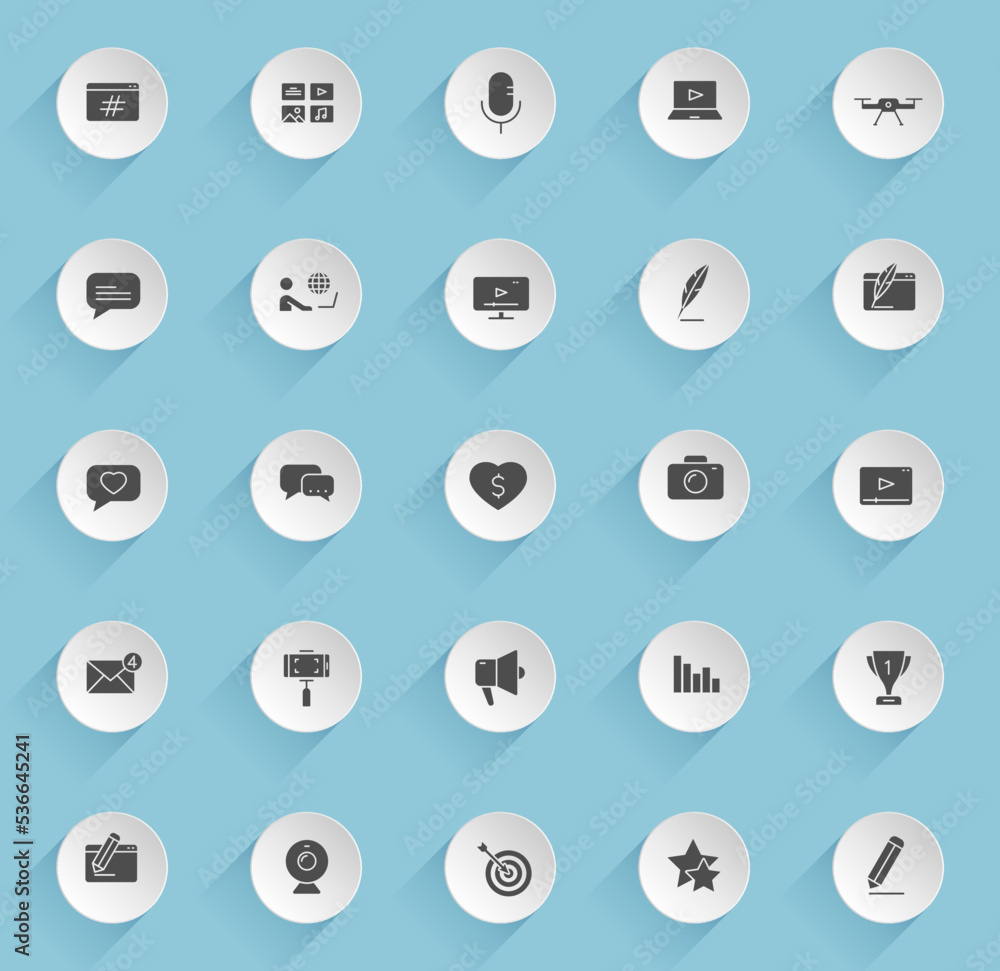 Poster blog vector icons on round puffy paper circles with transparent shadows on blue background. blog sto