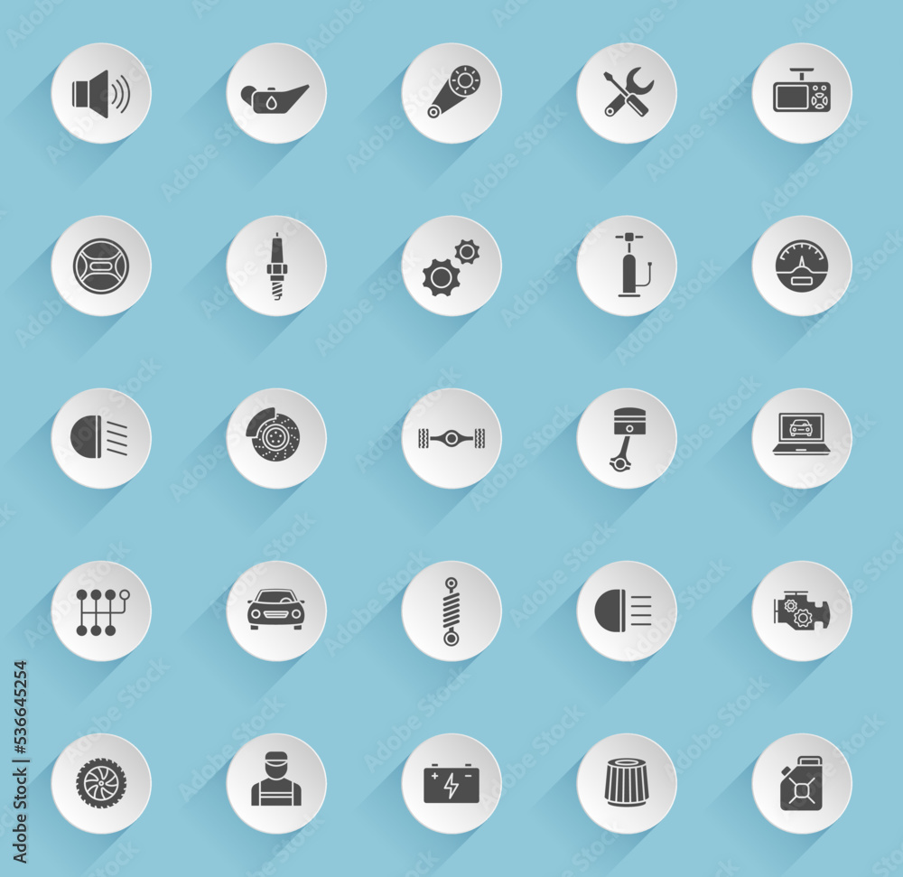 Poster car service vector icons on round puffy paper circles with transparent shadows on blue background. c