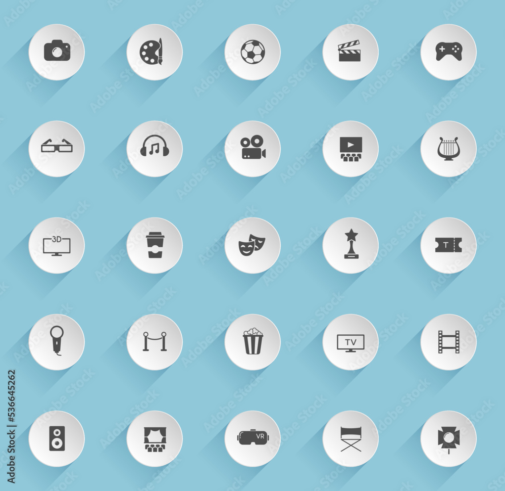Poster entertainment vector icons on round puffy paper circles with transparent shadows on blue background.
