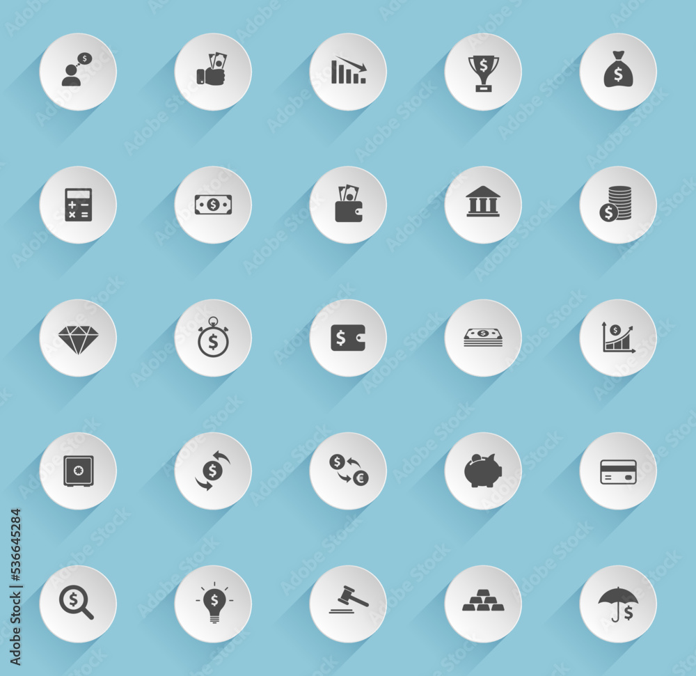 Poster finance vector icons on round puffy paper circles with transparent shadows on blue background. finan