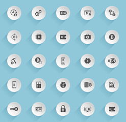bitcoin vector icons on round puffy paper circles with transparent shadows on blue background. bitcoin stock vector icons for web, mobile and user interface design