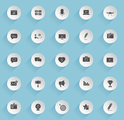 blog vector icons on round puffy paper circles with transparent shadows on blue background. blog stock vector icons for web, mobile and user interface design