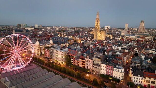 4K Aerial view of cityscape of Antwerp, gothic style landmark Cathedral of Our Lady Antwerp and historic center of city Belgium from above, Europe view at night