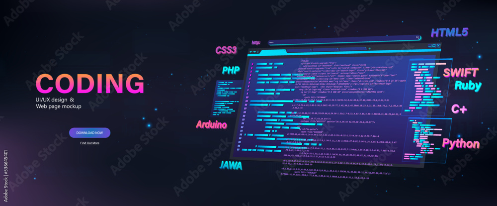 Fototapete Web page banner, software development, application, platforms in different programming languages, site or page layout. Platform optimization, software development. 3D vector banner, program app coding