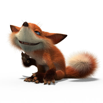 A small funny cartoon fox cub on an isolated background