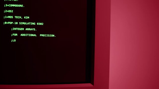 Retro pc with loading code console, programmer making scripts, green basic screen, Old computer studio close-up, Desktop vintage retro wave display, late 90s PC.