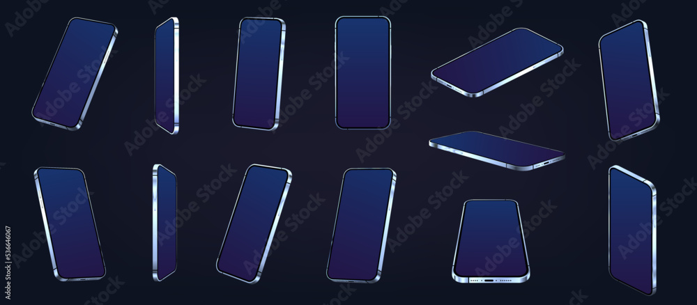 Poster mockup cellphones, 3d mobile phones in realistic style white blank screen. blue gadgets with highlig
