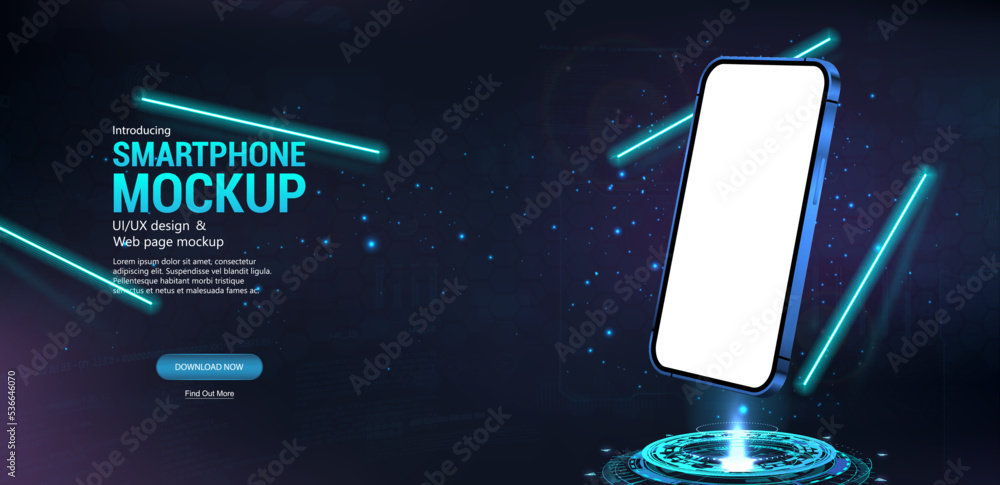 Poster futuristic banner 3d smartphone white hologram. futuristic mobile phone with blank screen. 3d smartp