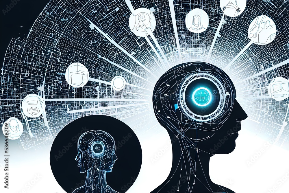 Poster artificial intelligence or ai in image humanoid head with anthropomorphic face analyzing flow big da