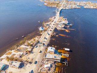 Aerial drone inspection photo Matlacha Florida Hurricane Ian aftermath damage and debris from flooding and storm surge