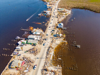 Aerial drone inspection photo Matlacha Florida Hurricane Ian aftermath damage and debris from...