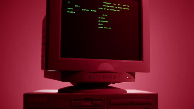 Retro pc with loading code console, programmer making scripts, green basic screen, Old computer studio close-up, Desktop vintage retro wave display, late 90s PC.