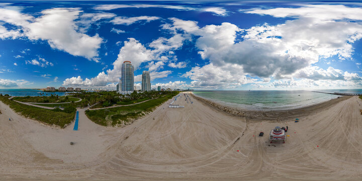 South Beach Miami lifeguard tower. Aerial 360 equirectangular spherical vr photo