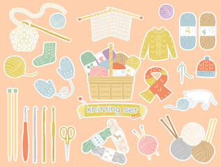 編物をイメージしたイラストのセット　白フチつきバージョン