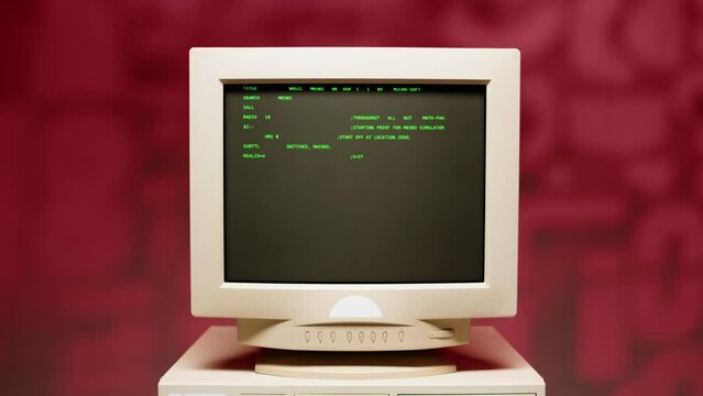 Retro pc with loading code console, programmer making scripts, green basic screen, Old computer studio close-up, Desktop vintage retro wave display, late 90s PC.