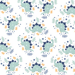 Fototapeta na wymiar Seamless pattern with cute dinosaur animals suitable for kids clothes