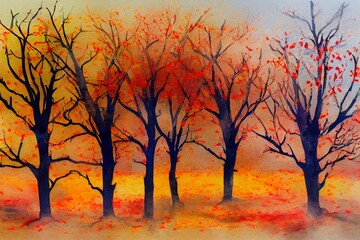 Naklejka na ściany i meble Country brick house Autumn forest Red yellow leaves on tree branches Watercolor painting Acrylic drawing art