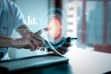 Analyst working with Business Analytics and Data Management System on computer, make a report with...