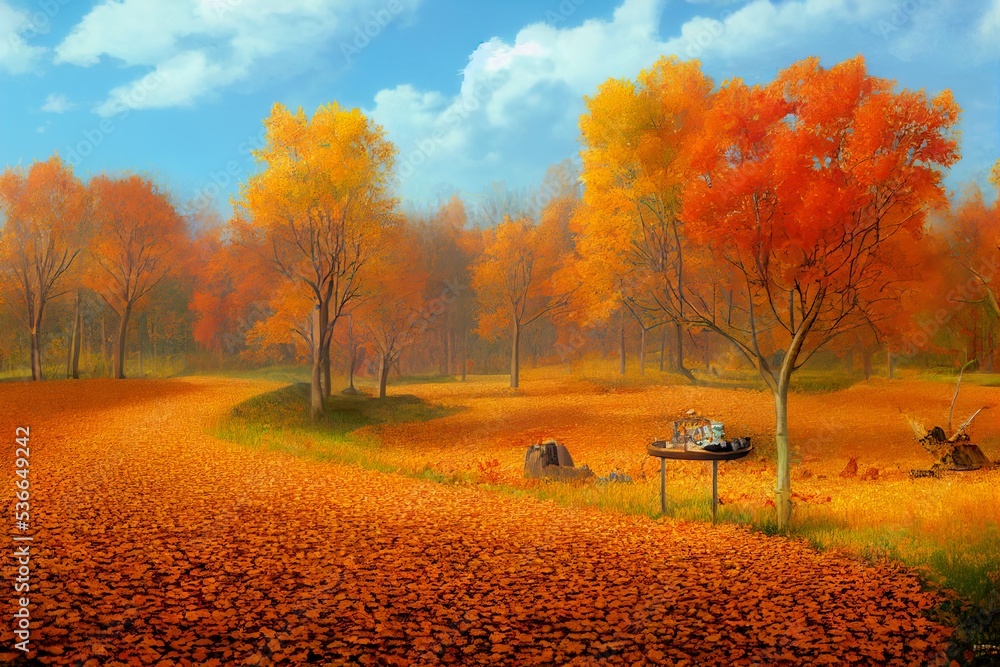 Poster Autumn scene with product stand 3d rendering background