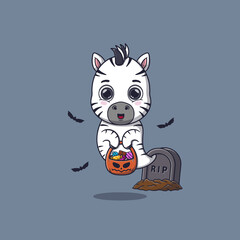 Cute ghost zebra holding pumpkin basket full of candies