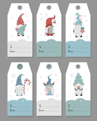 Christmas gift tags. Card labels with cute characters Scandinavian gnomes. Cute girl gnome with lollipop and male gnome Christmas tree. Vector illustration. Isolated vertical design templates.