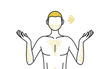 Line drawings of men suffering from thick body hair, pose with arms outstretched in distress