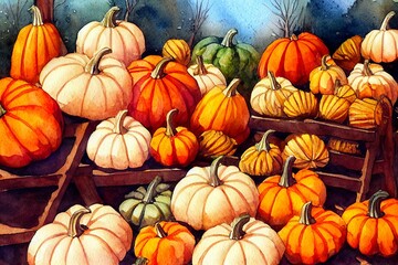 Autumn illustration Watercolor Pumpkin market Hand drawn wooden stand pumpkins in a bucket haystack corn and corn stalks garland Fall harvest