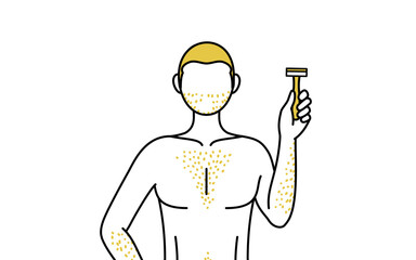 Line drawings of men suffering from thick body hair, holding a razor blade