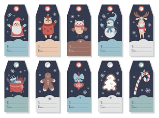 Collection Christmas gift tags. Card labels with cute with characters, animals, New Years decor gifts and gingerbread. Vector vertical design templates. Xmas and New 2023 Year celebration preparation.