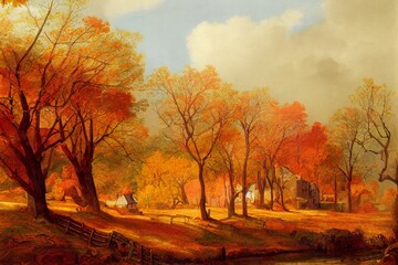Naklejka na ściany i meble Fall autumn watercolor landscape country house landscape