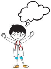Little doctor boy smiling with empty speech bubble on white background. Black and white cartoon vector illustration for coloring book.