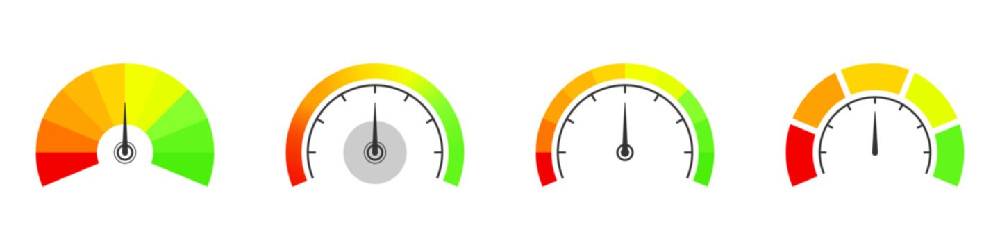 Conjunto de tableros de veloc&iacute;metro. Indicador de velocidad. Tac&oacute;metro, bar&oacute;metro. Valoraci&oacute;n de velocidad de escala. Ilustraci&oacute;n vectorial