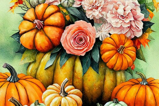 Watercolor pastel pumpkin and fall flowers and leaves Beautiful autumnthemed arrangement in rustic style Floral design for harvest greetings and Thanksgiving invitations