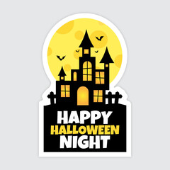 Halloween sticker with castle and happy halloween night text