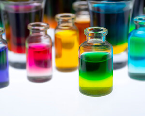 Colored water in small glass containers on white background