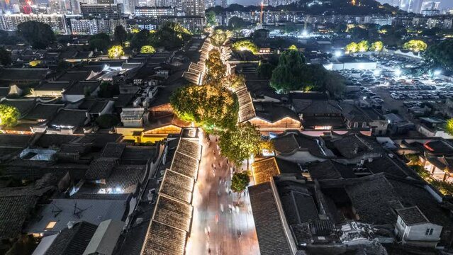 aerial view of walking street in midtown of fuzhou at night