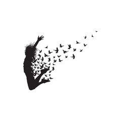 Silhouette of human jumping with birds flying vector illustration