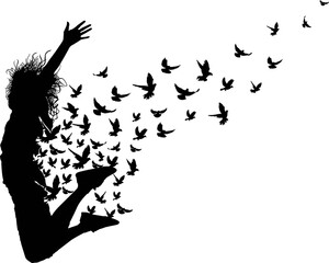 Silhouette of human jumping with birds flying vector illustration