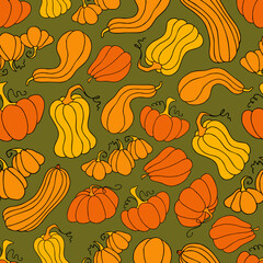 Autumn seamless pattern, square background, hand drawn pumpkins