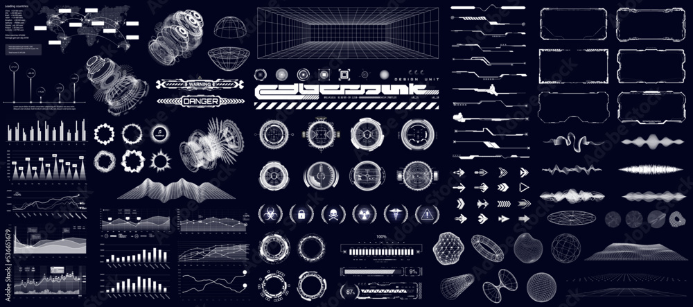 Poster Digital HUD collection for UI, UX, GUI projects. Hi-tech futuristic user elements - circle, charts, frames, audio waves, arrows, callouts titles graphic set. HUD, UI, VR. Vector elements collection	