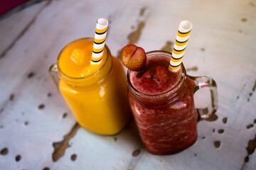 Set of delicious Smoothies or Smoothies isolated on pink background. healthy concept