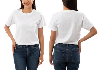 Young woman in white T shirt mockup isolated on white background with clipping path.