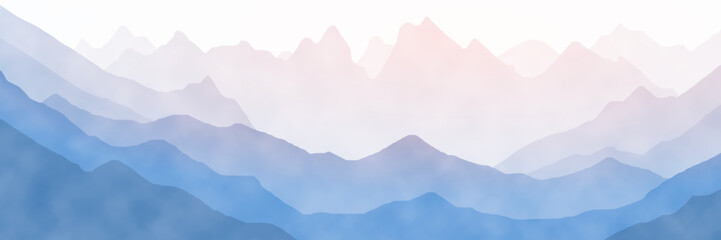 Sunrise in the mountains, mountain ranges in the morning haze, panoramic view, vector illustration