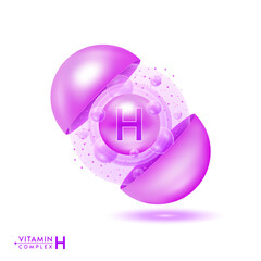 Vitamin H shining pill capsule. Skincare beauty treatment with vitamins complex with cholecalciferol. Purple ball with bubbles isolated on white background. Cosmetic beauty product design vector. 