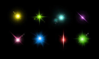Lens flare elements collection. Light effect, flashes of light on dark background.