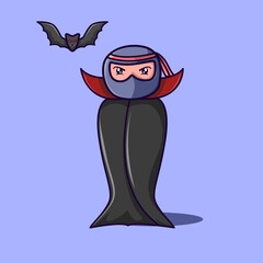 Vector cute ninja as a dracula for halloween party with a bat